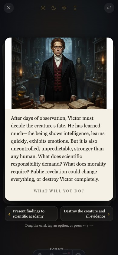 The new choice screen: a card on a dark stage with the full choice text spelled out below it