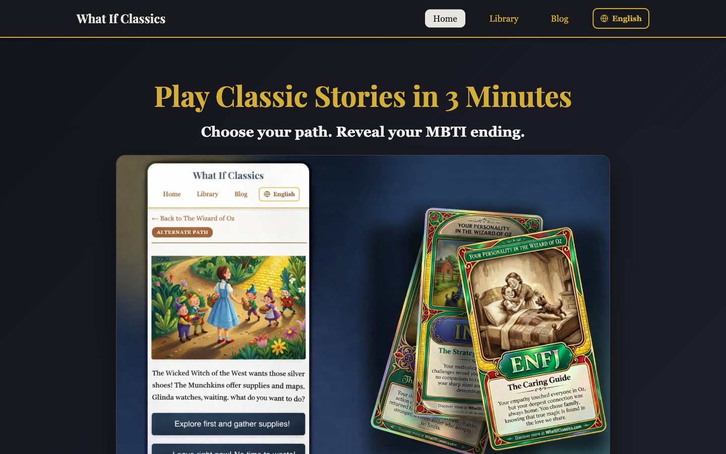 The old homepage: nav bar, headline hero copy, and a phone mockup screenshot, just recolored dark